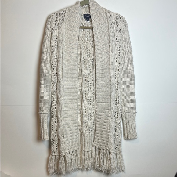 American Eagle Cream Open Front Longline Chunky Knit Fringe Cardigan Size Medium - Picture 1 of 13
